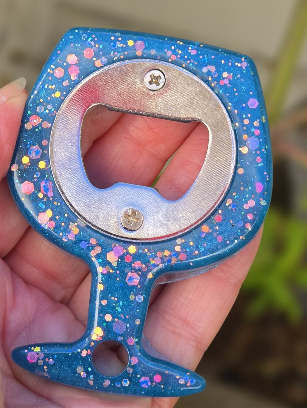 Handmade Resin Bottle Opener – Blue  Glitter Wine Glass